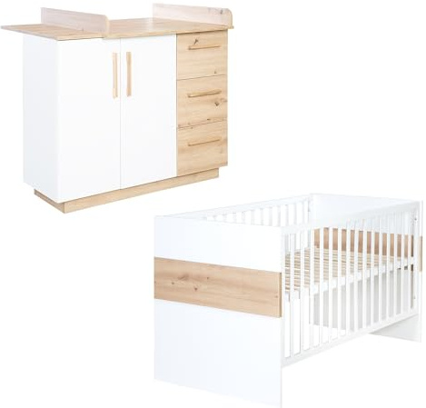 roba Möbelset 'Lion 2-teilig - Kombi-Kinderbett 70x140 + Wickelkommode breit - Weiß - Dekor 'Artisan Eiche'