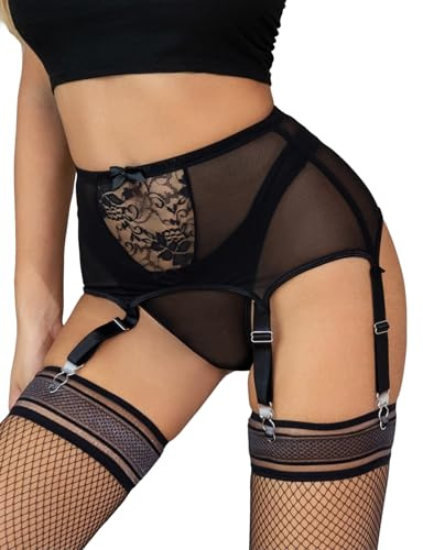 ohmydear Strapsgürtel Breit mit 6 Halter Damen Strapse Spitze | Große Größen Strumpfhalter Damen Strapsen Dessous Set Transparent High Waist Strumpfgürtel Garter Belt mit G-String