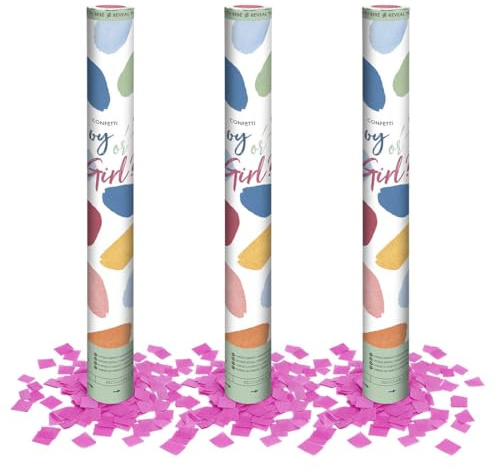 OH YEAH - Pack 3 Uds - Cañón Confeti Revelación de Género Rosa 50 cm - Revelación Sexo Bebé - Confeti Rosa - Baby Shower - FÁCIL DE USAR