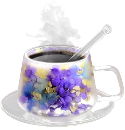Tazas de café de vidrio – Vaso de café transparente de 250 ml con cuchara de plato, taza de flores secas estéticas, vaso de café de doble aislamiento para bebidas expreso frías calientes, té, jugo