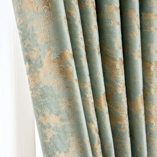Amidoudou Pencil Pleat Velvet Curtains 1 Pair for Bedroom Living Room - Luxury Retro Gold (Light Green, 66 x 90 Inch)