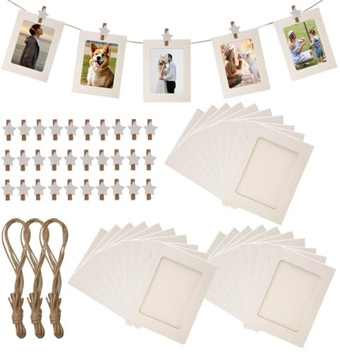 Orchideeknc 30 cornici per foto in cartone, 10 x 15 cm, in carta bianca, con 30 mollette in legno e 3 pezzi corda di canapa, per compleanno, matrimonio, festa, parete, decorazione fai da te