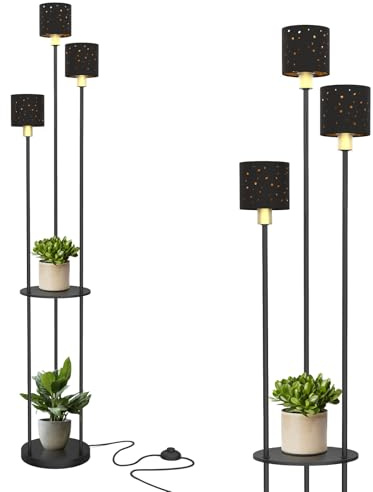 YU YUSING Stehlampe Wohnzimmer, 3-Flammige Stehleuchte mit Regal, Schwarz | Modern Standleuchte mit E14 Fassung, Stoff Lampenschirm, Fußschalter, Innenbeleuchtung für Whonzimmer Schlafzimmer Büro, 1.6m