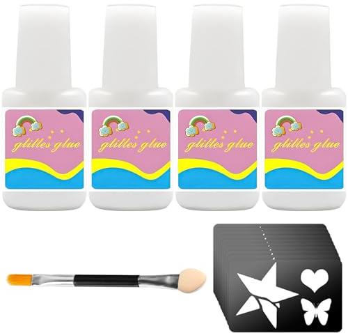 Hautkleber Glitzertattoos 4×8 ml Glitzertattoo Kleber für Glitzertattoos | mit 10 Tattoo Aufkleber 1 Pinsel, Hautfreundlich sicher,für Karneval,Partys,Gesichtsmalerei,Halloween,Rollenspiel