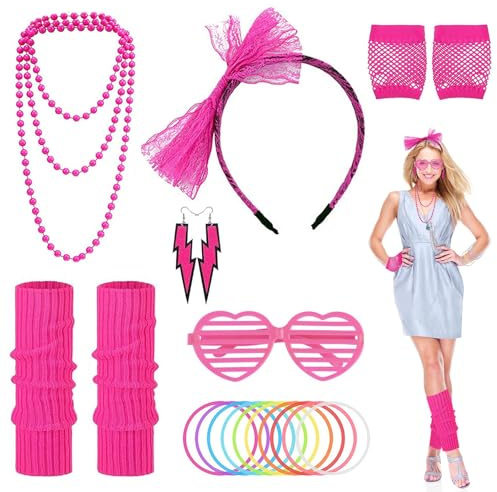 80-tals Kostymer Temafest 80-tals Outfit Neon Party Outfit 80-tals Kostym Tillbehör med Näthandskar Benvärmare Pannband Glasögon örhängen Halsband Armband för Fest Foto Rekvisita Rosa Röd