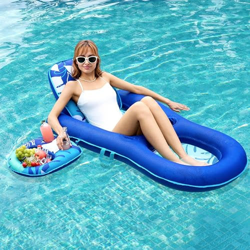 SLOOSH Lettino Gonfiabile per Piscina per Adulti, Materassino Galleggiante in Tessuto 2-in-1 Convertibile con Portabicchieri, Schienale Regolabile, Perfetto per Festa Estiva in Acqua (Blu Scuro)
