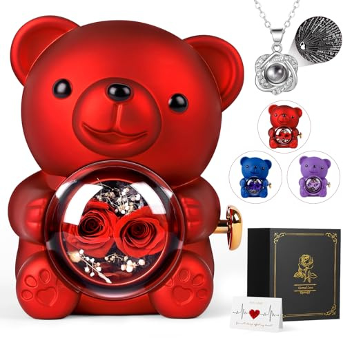 Rose Bear Teddy with Necklace Gift Box for Girlfriend, Cute Forever Flower Bear Preserved Rose Romantic Gift for Her, Valentines Bear Eternal Rose Flower Bear Anniversary Decoration for Woman Mom, Red