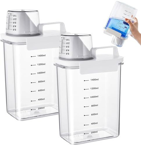 Distributeur de Lessive FEADBYT, 2 pièces 1800ml, Étanche à L'air Avec Gobelet Doseur, Distributeur de Produits de Lavage avec Balance, Pour la Poudre à Lessive