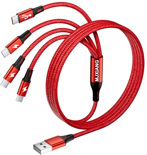 MJXIANG Multi USB C Cable 1.2M, QC 3.0(3.1A) USB C Splitter Cable, 4 in 1 Charger Cord with 4 Type C Ports Fast Charging for iPhone 15/16/17 Series, iPad Air/Pro, Samsung Galaxy S25, Sony, LG, Switch