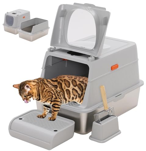 Yosamy Katzentoilette Edelstahl Geschlossen XXL 60x40CM, Groß mit Katzenstreuschaufel und Pedal, Leicht zu Reinigen, Hellgrau