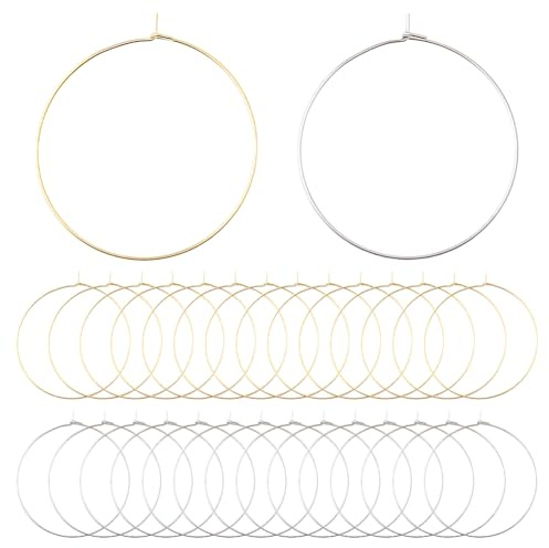 Hobbspring 200pcs Hoop Ear Wires 35mm Wine Glass Charms Rings 2 Colors 316 Surgical Stainless Steel Beading Hoop Rings for Wedding Party Wine Glass Marker Earring Jewelry Making