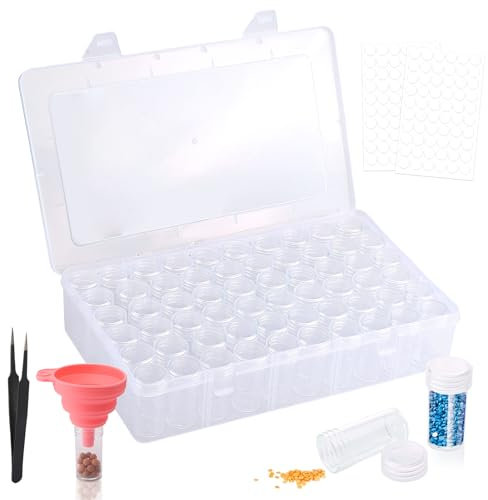 Csuntikulo 60 Stück 5D Diamond Painting Zubehör Aufbewahrungsbox mit Stickers Trichter Pinzette, Runde Kunststoff Perlen Nagel Kunst Aufbewahrung Behälter Malerei Zubehör DIY Basteln Schmuck Strass