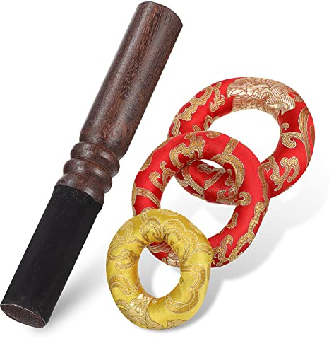 GRIRIW Almohadillas para Cuencos de Meditación de Algodón y Madera con Mazo de Madera Antideslizante para Yoga y Relajación, Juego de 3 Piezas Color Aleatorio