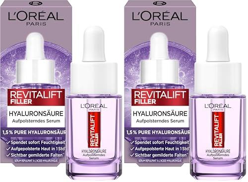 L'Oréal Paris Aufpolsterndes mini Serum für Frauen: für Faltenminderung & jugendlich und praller aussehende Haut mit [1,5% Hyaluronsäure], Revitalift Filler, 1x 15ml (Packung mit 2)