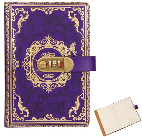 DAZZTIME Tagebuch mit Schloss,200 Seiten Leder Notizbuch,A5 PU Leder Journal mit Schloss,Vintage Notizbuch,Vintage Lock Journal,Geprägter Folie Gestempelt Retro Floral Diary für Frauen,Männer