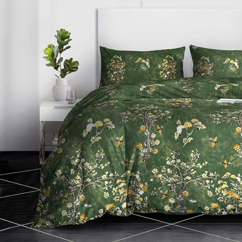 RAYBedding 3PCS King Size Duvet Cover Set 100% Egyptian Cotton Bedding King Size Bed Set 400 Thread Count Floral Printed Forest Bloom Duvet Cover King with Pillow Cases 2 Pack