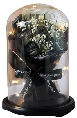 CH HIUBIE Campana in vetro con rose stabilizzate, regalo romantico per te, personalizzabile, con illuminazione, biglietto di auguri (regalo per diverse occasioni) (9 rose nere)