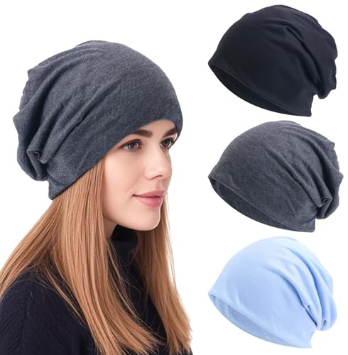 FOSDICK 3 Pack Slouchy Beanie Mütze für Damen und Herren, Chemo Kopfbedeckung Damen Sommer, Leichte Mütze Schlafmütze für Frauen Männer (Schwarz, Grau, Blau)