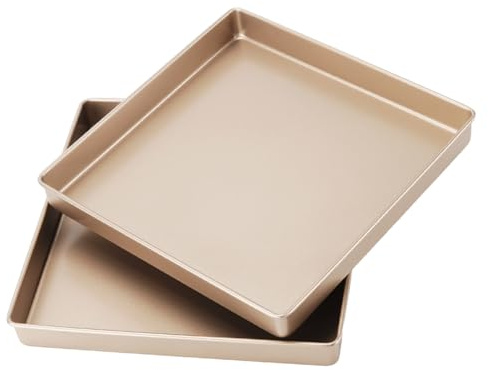 SOUJAP 2 Pcs Gold Square Baking Tray, 11 Inch Carbon Steel Cake Oven Sheet for Bread Cakes Desserts, 28.5 x 28.5 x 3.6 cm
