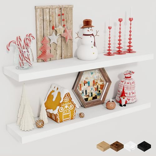 Fun Memories Floating Shelves for Wall, 30 Rustic Wood Deep Wall Mounted Shelves with Invisible Brackets for Decor & Storage, Floating Shelf for Living Room, Bathroom (White, Set of 2)
