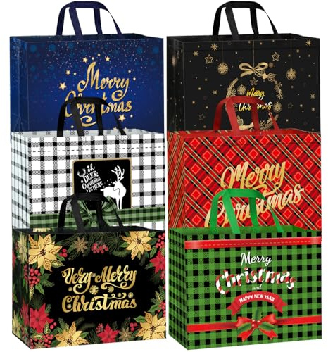 DECHISY 6 Stück Weihnachtstüten Groß, Geschenktüten Weihnachten mit Griffen, Non Woven Weihnachtsgeschenktüten, Wiederverwendbare Geschenktaschen Weihnachten Geeignet für Urlaub, 42 x 32 x 18 cm, xxl