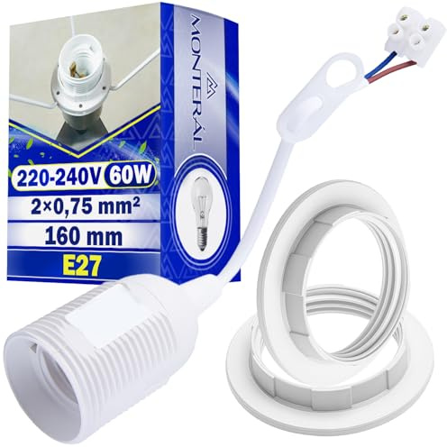 1 Pièce Douille Chantier E27 Ø 40 mm Max 60W avec Câble 160 mm et Bornier | Adaptateur Abat Jour 2 Pièces pour Culot E27 Couleur Blanche - Garantie de 10 Ans - MONTERAL