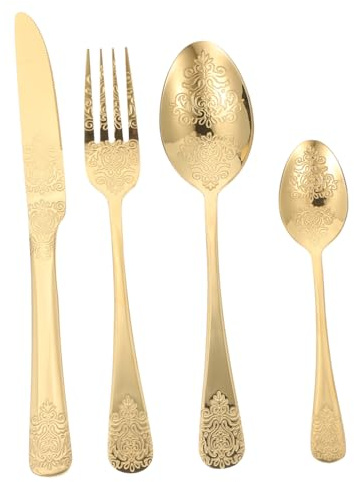 ZUNOXAZ Couverts à Steak En Acier Inoxydable Plaqué Doré 4 Pièces Ensemble Vaisselle Occidentale Pour Adultes Usage Quotidien Pique- Et Voyage Coffret Présent