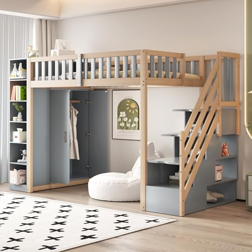 Dolamaní Etagenbett Hochbett 90x200 cm mit Sicherheit Streppe, Multifunktionales Stauraum incl. Schrank und Ablagefächern, Regalen, Jugendzimmer Kinderbett, Holzbett Ohne Matratze (Grau+Holzfarbe)