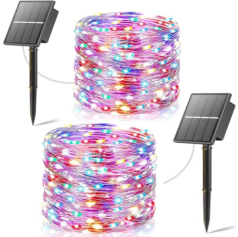 Kelenpro 2 Stück Solar Lichterkette Aussen, 20M 200LED Lichterkette Solar Außen, 8 Modi IP65 Wasserdicht Kupferdraht Lichterkette Outdoor für Garten, Terrasse, Hof, Party, Weihnachten, Mehrfarbig