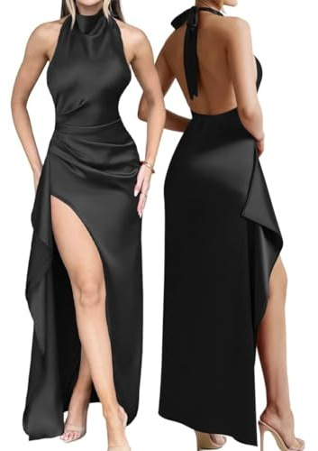 AOWVUTS Vestido Largo para Mujer Vestido de Fiesta de Satén Sin Espalda con Abertura Alto Sexy Vestidos Maxi Sin Mangas Halter Cuello Bodycon Elegante Vestidos para Ceremonia Formal Boda Cóctel Noche