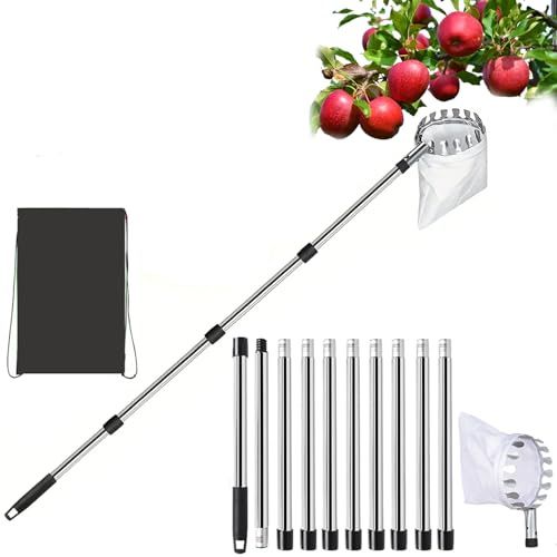 High Reach Fruit Picker,Ompinda 13 FT Lightweight stainless steel Telescoping Tree Picker and Ergonomic Handles & Fine Mesh Bag for Efficient Fruit Harvesting (Orchard Equipment | Sleek Metallic Fini