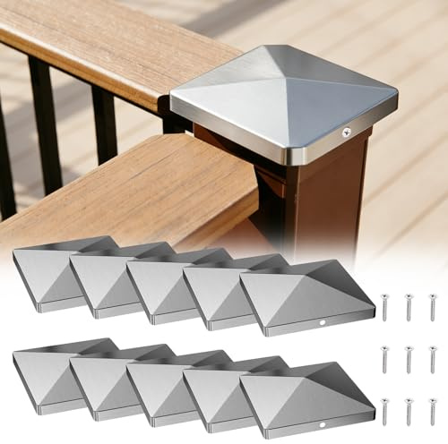 10 Stück Pfostenkappen, Edelstahl Pfostenabdeckung Zaunpfosten Kappen, Pyramiden Form Wetterfeste Pfostenkappe, Abdeckkappe Schutzkappe für Holzpfosten (10x10cm)
