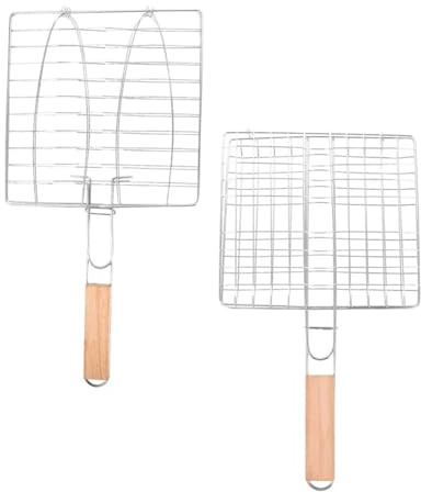 Lurrose Lot de 2 Paniers à Poisson en Acier Inoxydable Antiadhésifs avec Longues Poignées en Bois, Paniers à Griller Résistants Haute Température pour Barbecue, Camping Cuisine Extérieure