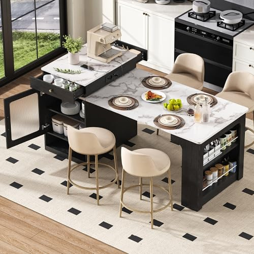 AliSefaiy Kücheninsel mit Sitzgelegenheit, Ausziehbarer Esstisch mit Abnehmbarer Tischplatte, Bartisch, Dient als Kücheninsel, Anrichte, Sideboard oder Bartisch für Küche und Esszimmer (Schwarz)