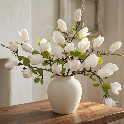 MEIVINES Kunstblumen Wie Echt 6 Stück Künstliche Magnolie | Künstliche Blumen Seidenblumen Wie Echt Zweige Kunstblumen Weiß Blumen für Vase Wohnzimmer Hochzeit Tisch Dekor