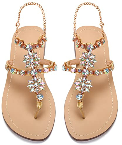 azmodo Kvinnors PU strass kedjor platta gladiatorsandaler bröllopsskor, - Aprikos - 41 EU