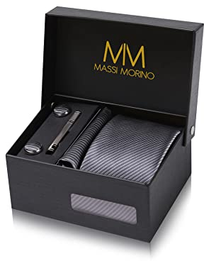 Massi Morino Krawatte Grau Gestreift mit Einstecktuch Set Herren inkl. Manschettenknöpfe, Krawattennadel und Geschenkbox - Männer Krawattenset