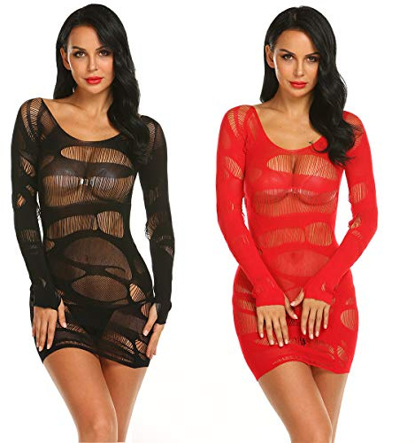 LOVELYBOBO 2-pack nätunderkläder för kvinnor fisknät babydoll miniklänning långärmad nattlinne klänning (svart + röd), Svart+röd, one size