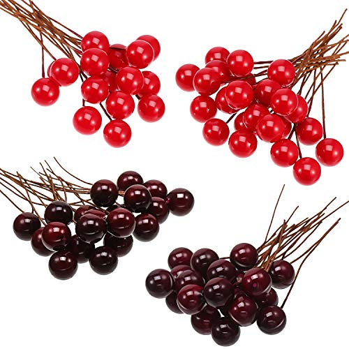 Künstliche Holly Beeren, 100 Stück Mini 10 mm Gefälschte Beeren Dekor auf Draht für Weihnachtsbaum Dekoration Blumenkranz DIY Handwerk Verwenden (Weinrot)