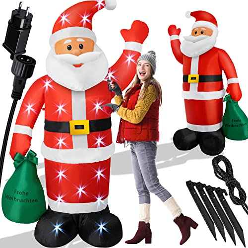 KESSER® Aufblasbarer Weihnachtsmann XL 195cm LED beleuchtet inkl. Befestigungsmaterial Weihnachtsdekoration Weihnachtsdeko Figur, geräuscharmes Gebläse, Nikolaus Santa witterungsbeständig IP44