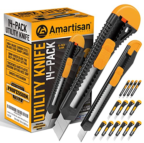 Amartisan 14-Piece Retractable Box Cutter, Utility Knifes for Boxes, Cartons, Cardboard Cutting, 18mm & 9mm Wide Blade Cutter, Very Suitable for Office and Home Use.