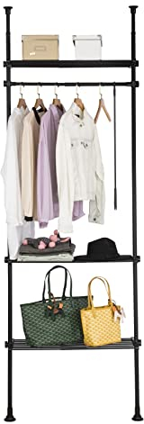 SoBuy Telescopic Clothes Rail, Heavy Duty Clothes Rack, Adjustable Open Wardrobe with Hanging Rails & Shelves for Bedroom, Walk-in Closet Black KLS07-SCH