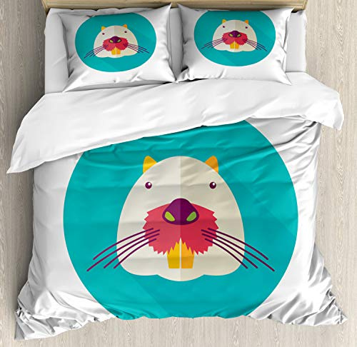 Ambesonne Colorful Duvet Cover Set, Beaver Portrait with Small Eyes and Giant Teeth Cartoon Style Animal Illustration, Decorative 3 Piece Bedding Set with 2 Pillow Shams, California King, Multicolor