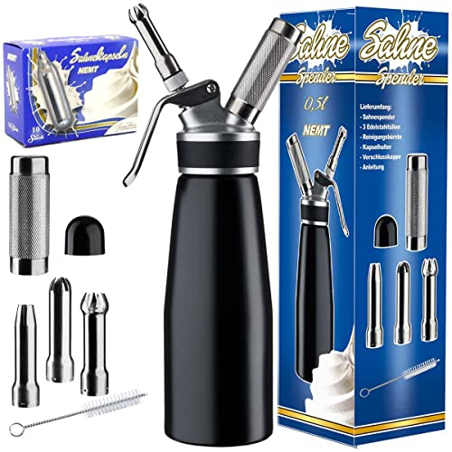 NEMT Sahnespender 0,5 L Sahnesiphon schwarz + 10 Sahnekapseln 500 ml Sahnespender Aluminium mit Edelstahl Düsen und Reinigungbürste, Auslaufsicherer Sahnebereiter für Schlagsahne, Creme, Mousse