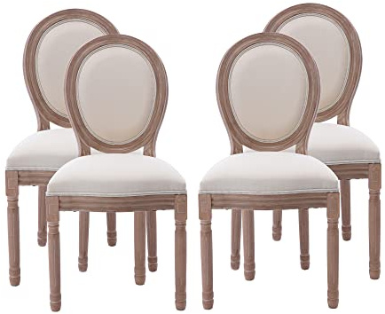 Nrizc French Country Dining Chairs Set of 4, Farmhouse Fabric Chairs with Round Back, Solid Wood Legs, Oval Side Chairs for Kitchen/Bedroom/Dining Room