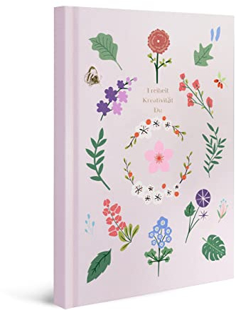 FISCHPUPS Notizbuch, Tagebuch, Bullet Journal dotted | Leinen Hardcover, gepunktet | Tagebuch für Erwachsene, Tagebuch Kinder, Planer, Bujo Buch | 12.8 x 18.8 cm, rosa, Blumen, Blätter