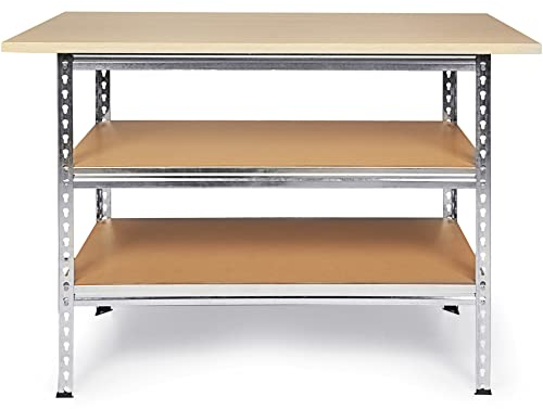 Ondis24 Werkbank Uwe 120cm Metallregal und Werktisch mit höhenverstellbaren Einlegeböden Packtisch verzinkt 92cm Arbeitshöhe mit Buchenarbeitsplatte (Melamin)