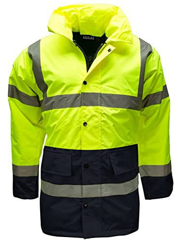 New Hi Vis Parka Jackets High Visibility Safety Security Workwear Waterproof Storm Padded Jackets Hi Viz Reflective Protective Hooded Long Rain Coats (UK, Alpha, L, Regular, Regular, Yellow/Navy)