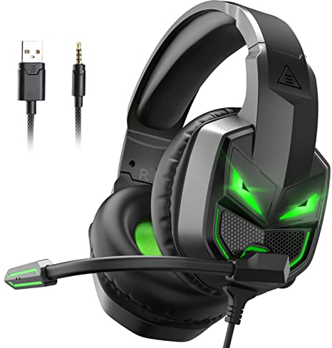 EKSA Gaming Headset Kabelgebunden, Headset mit Mikrofon für PS4, 3.5mm Klinke Kabel, 3D Surround Sound Kopfhörer mit Noise Cancelling Mic, Grünes Licht für PS5 Xbox PC Mac Laptop,Bequem，Fenrir Serie