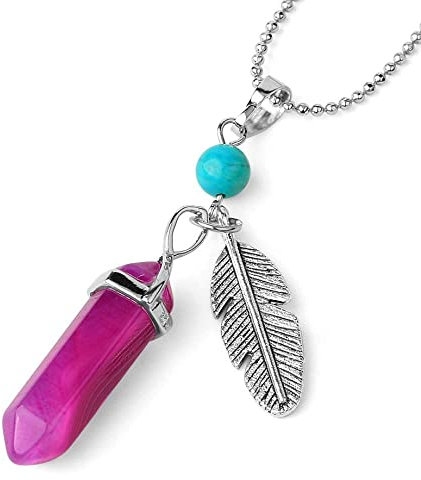 Colgante De Piedra Natural,Colgantes De Piedra De Punta Hexagonal De Ágata Rayada Fucsia Natural Collares Colgantes De Piedras Preciosas De Borla De Plumas De Plata Grabadas A Mano Regalo De Joyer